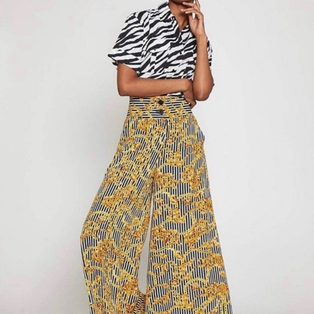 Walter Baker Womens Brayden Chain Print High Rise Wide Leg Pants Sz 2 Black Gold